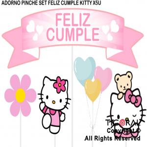 ADORNO PINCHE PARA TORTA FELIZ CUMPLE KITTY x 5 UNIDADES